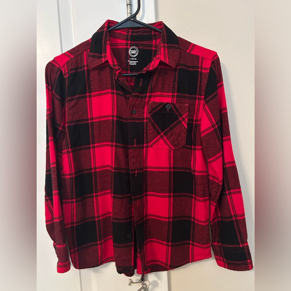 Wonder Nation Boy Red Black Plaid Flannel Button Down Shirt Size L